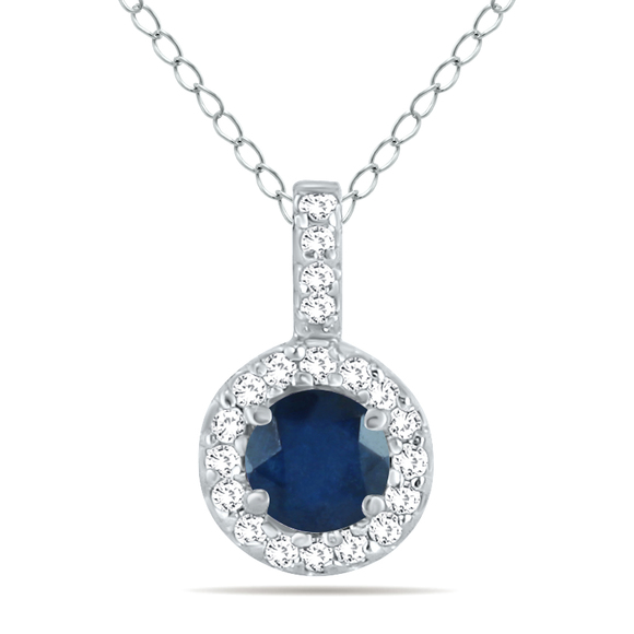 1/2 Carat TW Halo Sapphire And Diamond Pendant in 10K White Gold